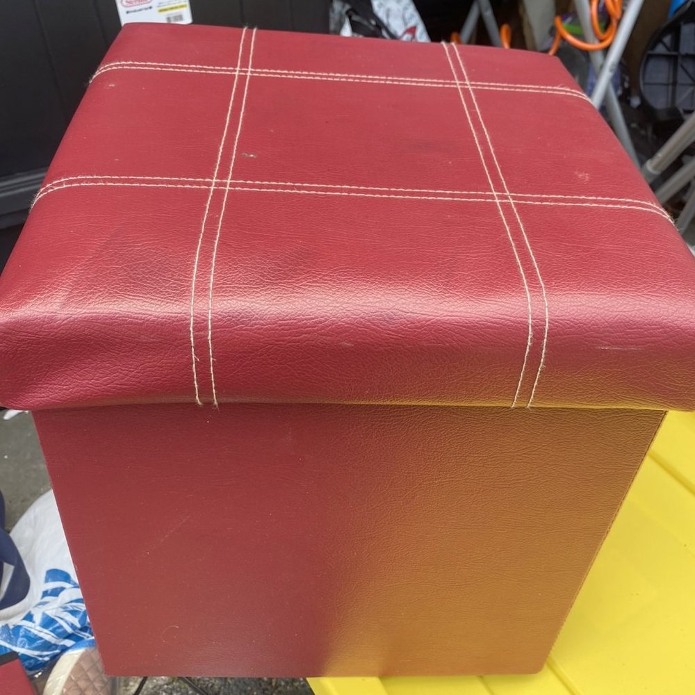 folding ottoman stool padded top faux leather covered storage container ~15"